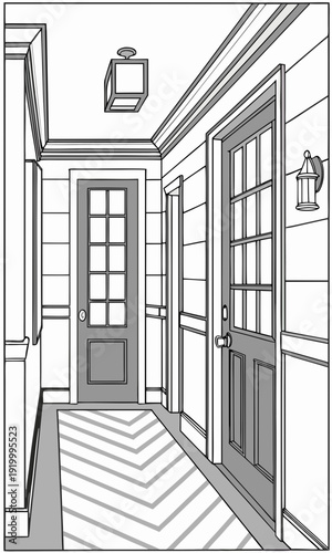 Hallway Interior Design with Doors and Rug Illustration.