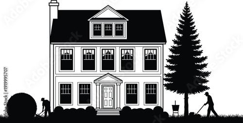 Suburban house exterior silhouette with garden landscaping and lawn care workers, residential home vector illustration isolated on white background