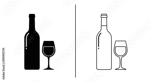 Wine bottle and glass icon set, minimalist alcohol beverage symbols, drink design elements Vector