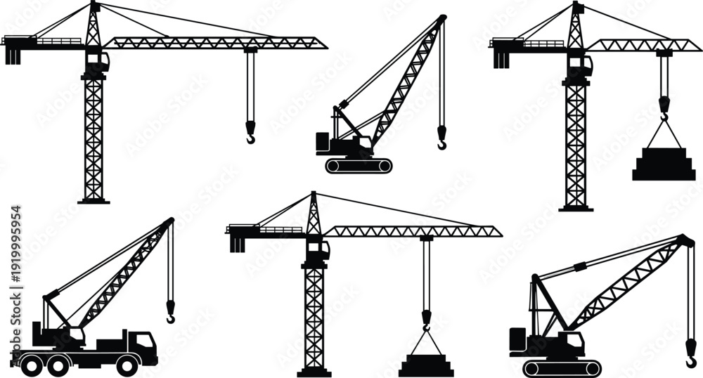 Εκτύπωση καμβά Tower crane, crawler crane and truck mounted crane silhouettes set, heavy constr