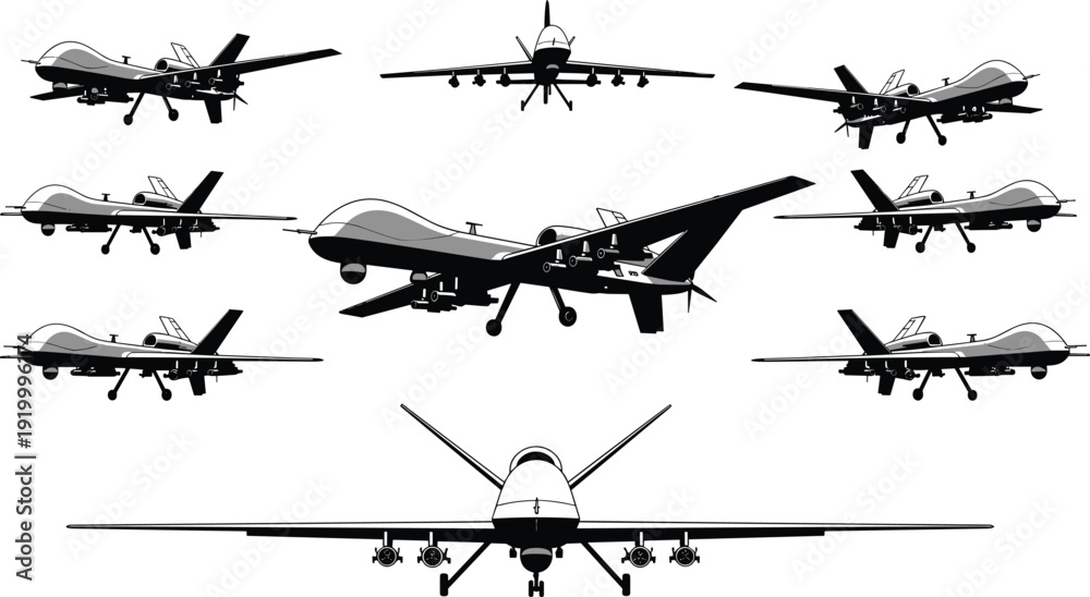 Εκτύπωση καμβά Unmanned combat aerial vehicles collection, military surveillance drones in mult