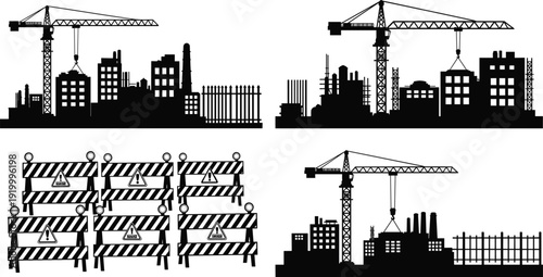 Urban construction skyline with tower cranes and road safety barriers silhouettes, city building development vector illustration isolated on white background for industry projects