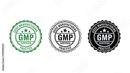 GMP certified practice badges in green, black and white vector illustration
