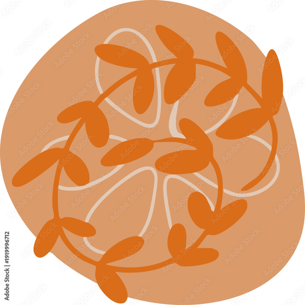 Fototapeta premium Minimalist line art illustration of a plant stem with leaves on an abstract organic brown background, in a modern bohemian style.