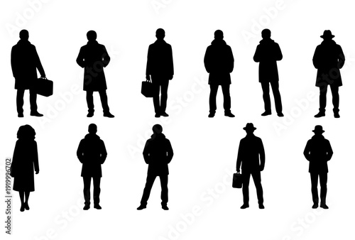 Business people silhouettes set standing in overcoats and hats with bags