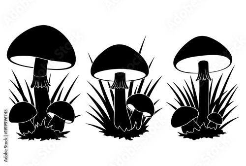 Set of mushroom silhouettes growing in grass black fungus nature design