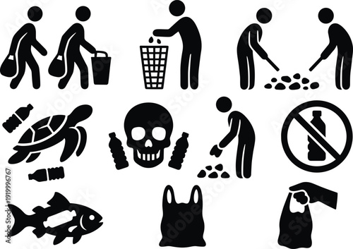 Plastic pollution icons, waste management silhouettes, environmental protection, recycling, cleanup actions, ocean conservation, eco lifestyle, anti plastic campaign illustration set