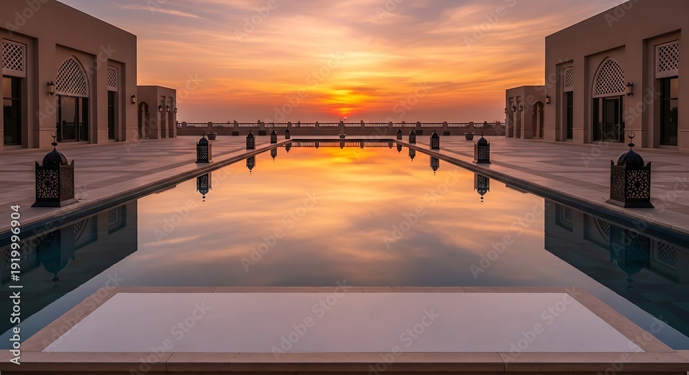 Fototapeta premium Breathtaking sunset over a luxurious resort infinity pool, reflecting vibrant orange and yellow hues, with geometric architecture and ornate lanterns, evoking tranquility. ramadan