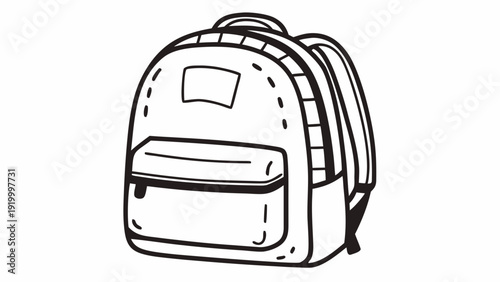 Simple black and white illustration of a backpack with pockets and straps on a plain background