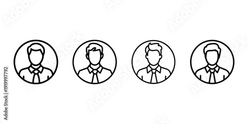 User icon set in linear style isolated on white background, group of four men profile avatars for web and app design