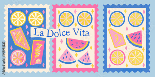 Colorful fruit themed postage stamps with la dolce vita lettering
