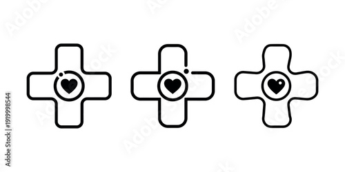 Medical cross icon set with heart symbol in center representing healthcare services first aid assistance emergency care hospital location and wellness