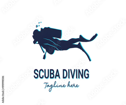 Scuba diving logo design with a silhouette of a diver swimming underwater on white background