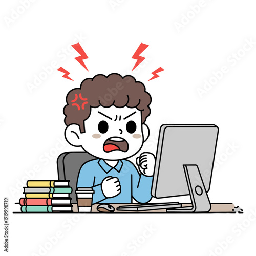 Cartoon illustration of a man experiencing frustration while working on a computer, with red lightning bolts indicating stress.