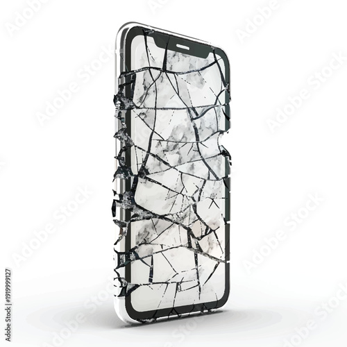 Vivid 3D vector illustration of a severely damaged smartphone screen, set against a pristine white backdrop, evoking concepts of tech addiction and digital struggle.