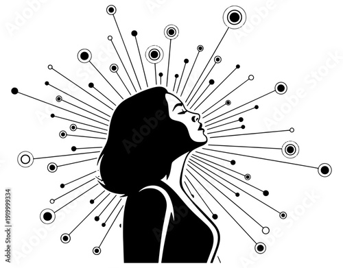 Artistic Silhouette of a Woman with Radiant Energy Lines for International Women's Day, Minimalist Zen and Meditation Concept, Female Empowerment and Mindful Peace Vector Graphic.