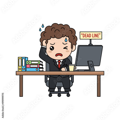 Cartoon man in suit sitting at desk, stressed and sweating, with a dead line sign on computer monitor