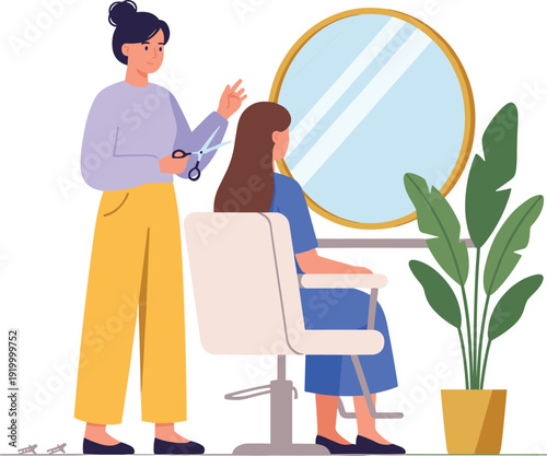Hairdresser cutting client hair in salon, professional hairstyling service illustration, beauty and fashion concept design