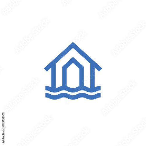 A minimalist blue line art icon depicting a house or building structure with a triangular roof and an archway, resting on wavy water lines, symbolizing a waterfront property or flood resilience.