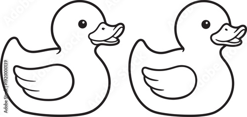 Two rubber duck toys, black outline illustration on white background, for bath time fun and children's play.