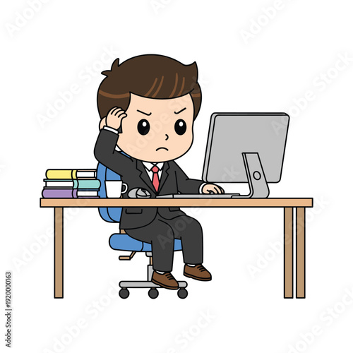 Cartoon illustration of a businessman sitting at a desk, looking stressed and overwhelmed while working on a computer.