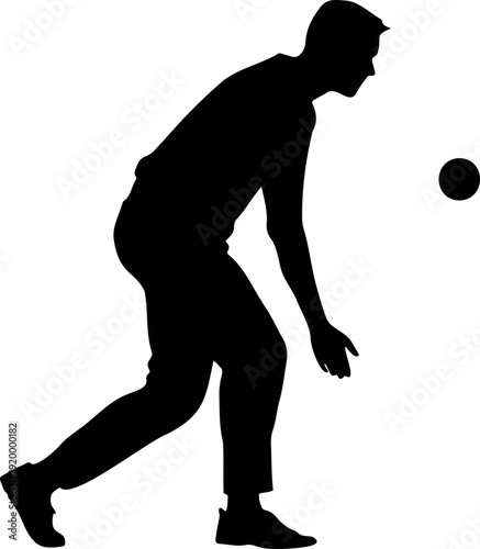 A black silhouette of a man playing soccer with a ball on a white background