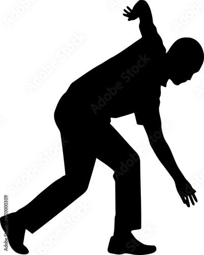 A black silhouette of a man throwing or pitching something with dynamic movement