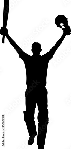A triumphant man celebrating victory with a sword and helmet in a minimalist silhouette design