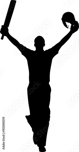A victorious man in a triumphant pose holding a sword and helmet in a minimalist silhouette vector graphic
