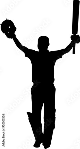 A silhouette of a triumphant man holding a cricket bat and ball in the air