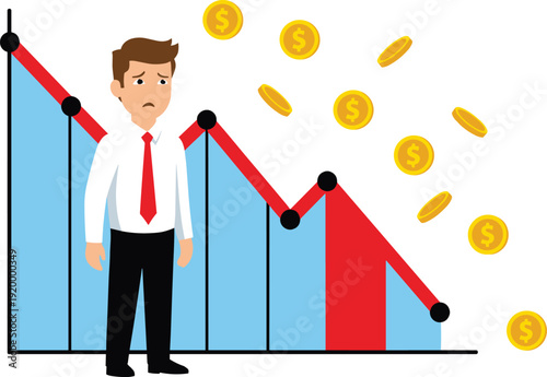 Sad businessman with falling graph and coins, financial loss concept illustration, economic crisis and investment decline theme
