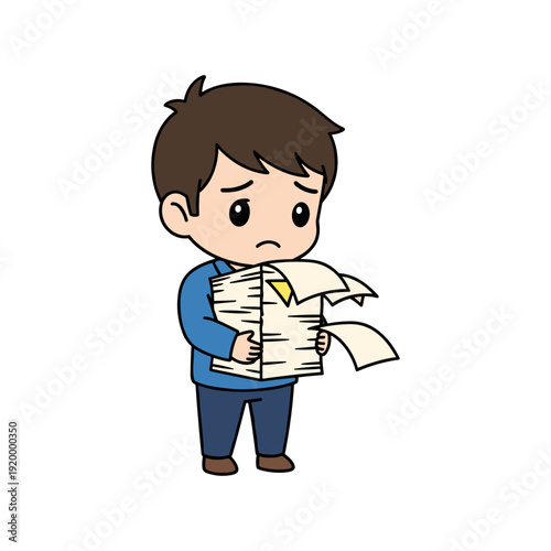 A cartoon illustration of a boy holding torn papers with a frowning expression, symbolizing frustration or disappointment.