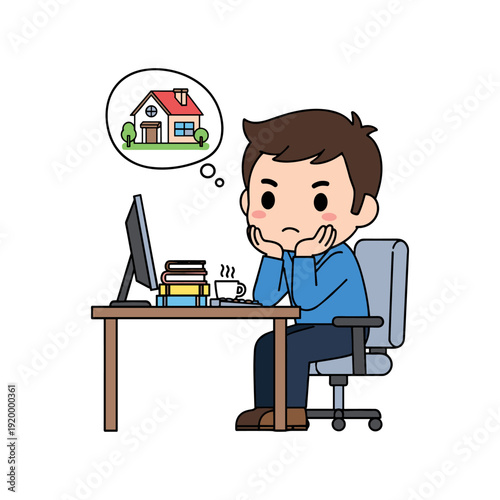 Cartoon man sitting at desk with thought bubble of a house, symbolizing work-from-home or home aspirations.