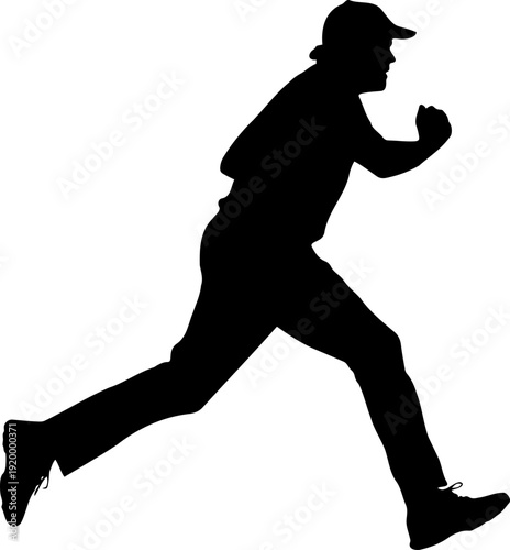 A black silhouette of a man running in a dynamic pose with a baseball cap