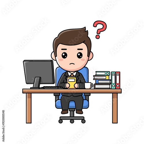 Cartoon illustration of a puzzled businessman sitting at his desk with a question mark above his head, surrounded by office supplies.