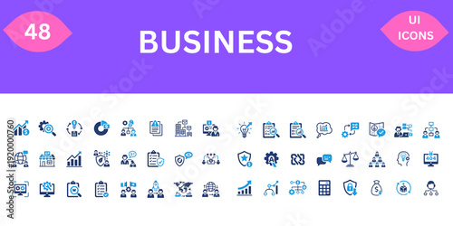 Corporate strategy and business development icons. High quality graphic elements for marketing and financial reports. Team hierarchy, success trophy, plant growth, balance scale, support, network syst