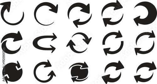 A collection of 16 black circular arrow icons on a white background for navigation and direction