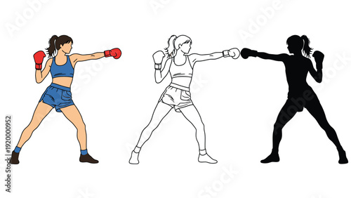 Boxer woman in different styles and poses with gloves and outfit