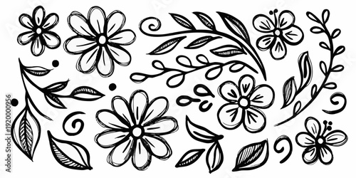 Hand drawn floral doodle with swirling vines and scattered blossoms