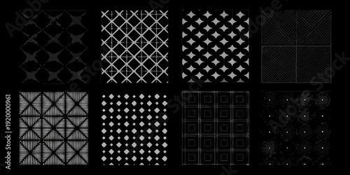A collection of six black and white patterned square images arranged in a grid
