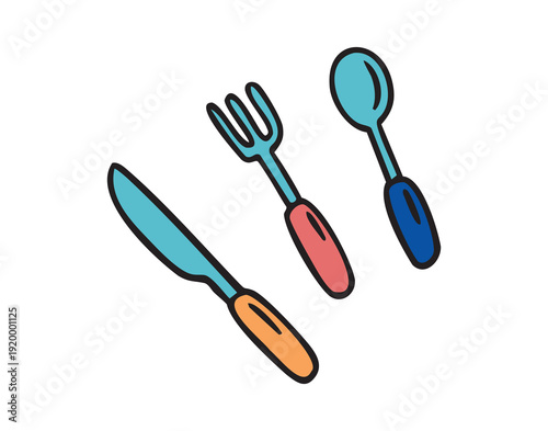 Camping cutlery set knife fork spoon, hand drawn doodle