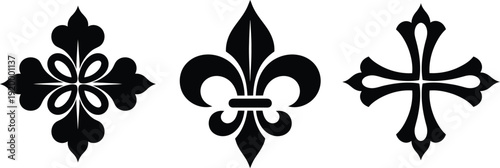 black fleur de lis and cross symbols on white background