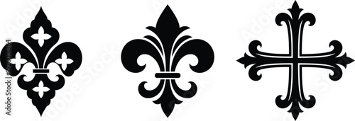 black fleur de lis and cross symbols on white background