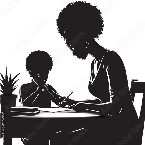 Black Parent checking Silhouette Vector, High Quality Illustration on White Background