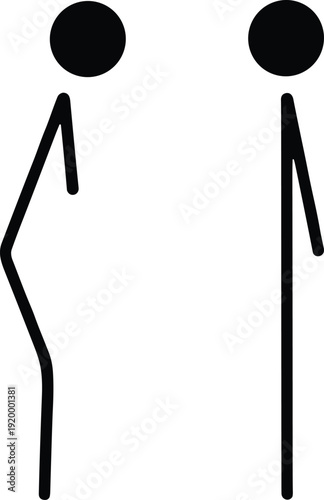 Stick figure posture comparison illustration, correct and incorrect standing position icon, minimal black silhouette vector isolated background