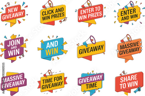 Collection of vibrant giveaway and win announcement graphic design elements with megaphones