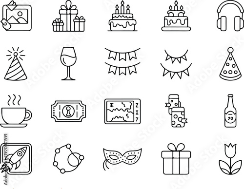 Collection of line art icons for celebrations holidays events and entertainment on white background