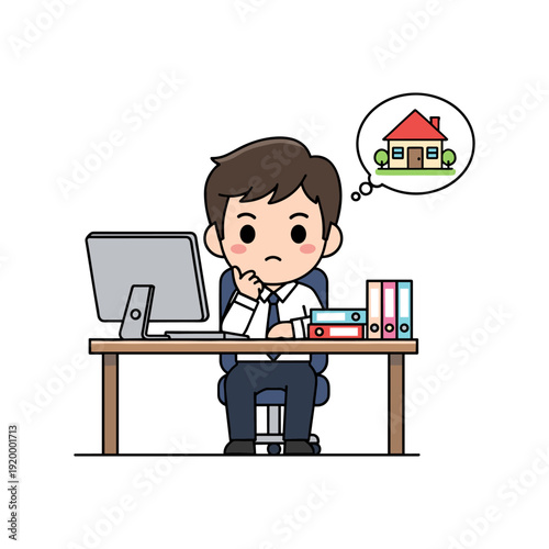 Cartoon man sitting at desk with computer, looking thoughtful and dreaming of owning a house