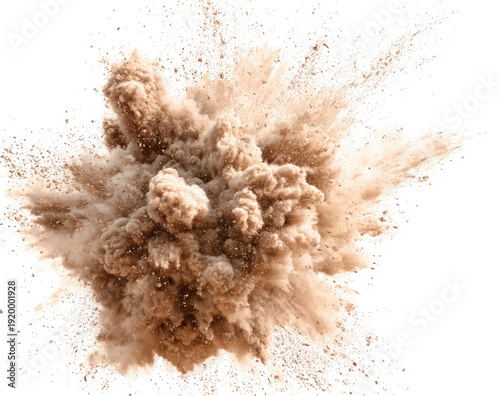 A dynamic, swirling explosion of tan dust particles against a transparent background