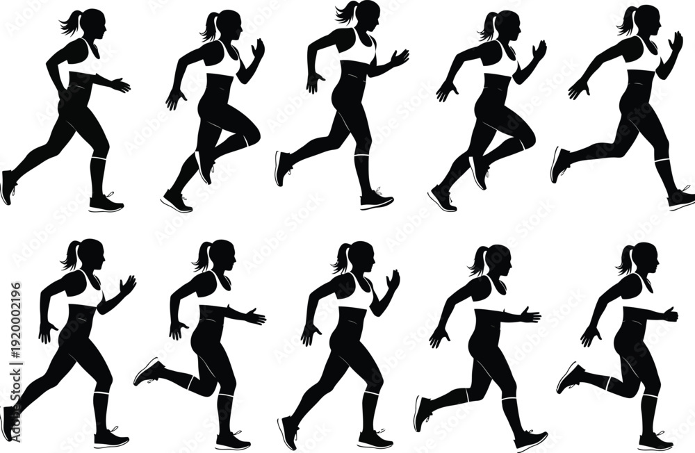 Obraz premium a collection of silhouetted female figures showcases the dynamic motion of running depicting various phases of the stride and movement